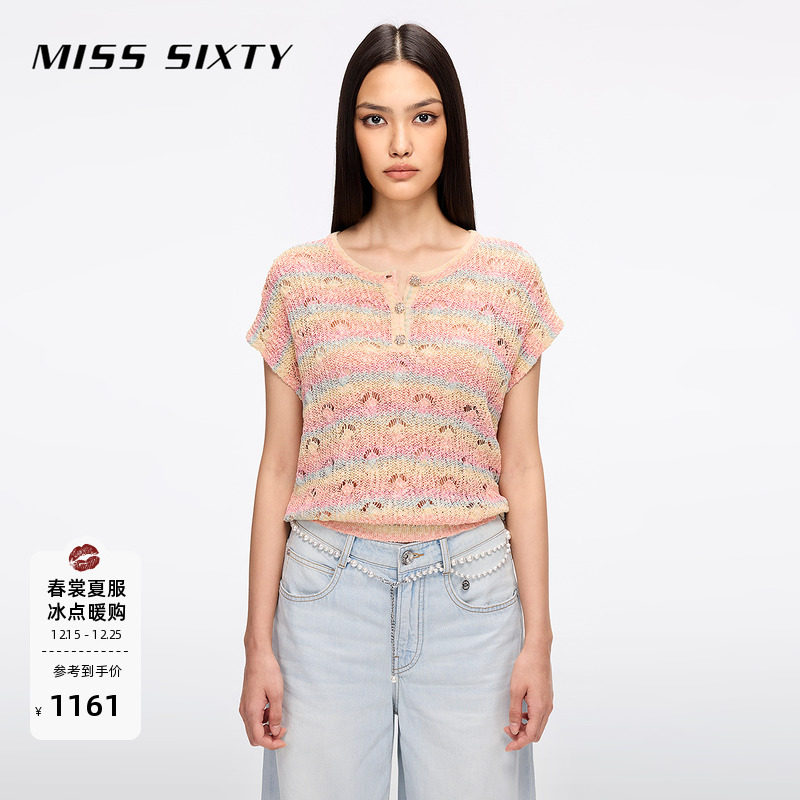 Miss Sixty25夏新款针织衫女圆领微弹无袖波西米亚风减龄