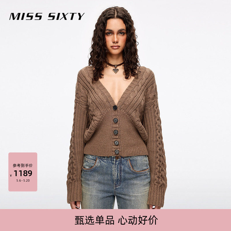 Miss Sixty秋毛织外套外搭复古绞花大V领针织衫女上衣长袖