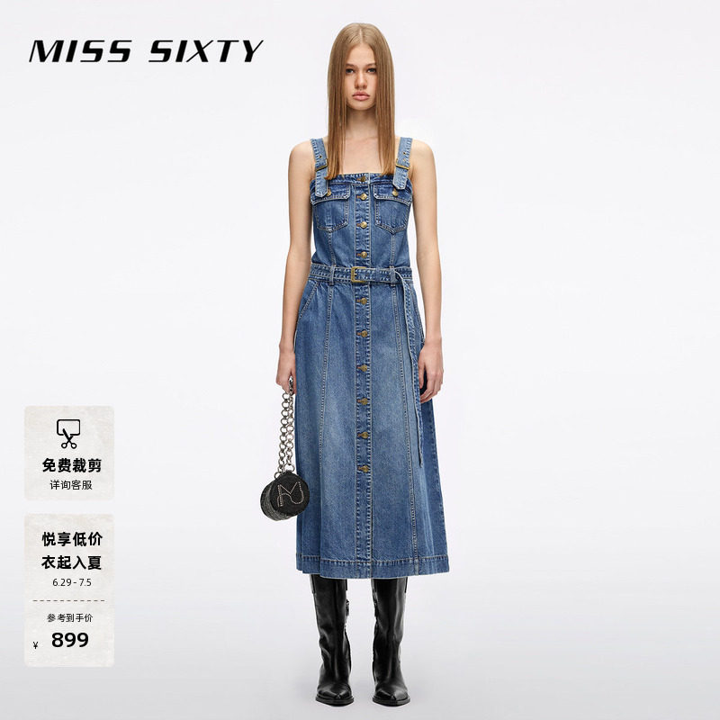 Miss Sixty2026春夏新款牛仔连衣裙女复古洗水修身配腰