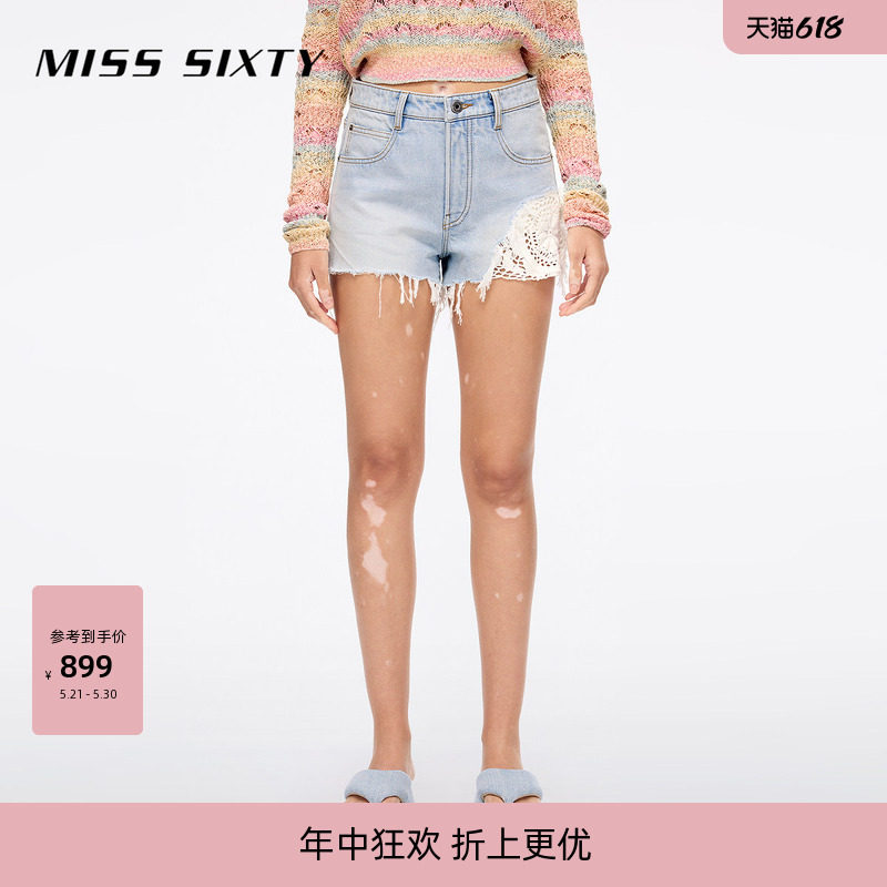 Miss Sixty2026夏季复古牛仔短裤女高腰显瘦破洞钩花波