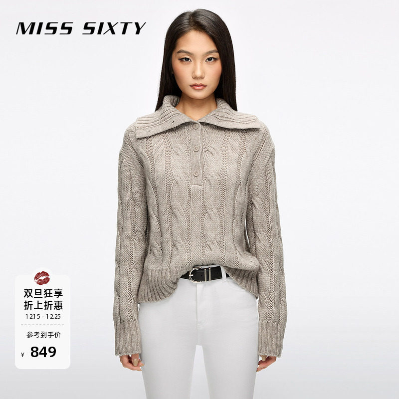 Miss Sixty25冬新款针织衫女polo领羊毛棉混纺长袖短