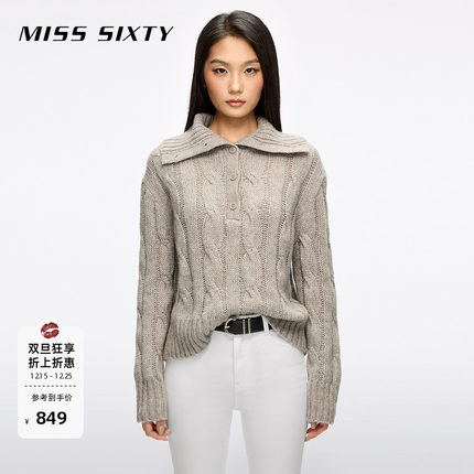 Miss Sixty25冬新款针织衫女polo领羊毛棉混纺长袖短款毛衣