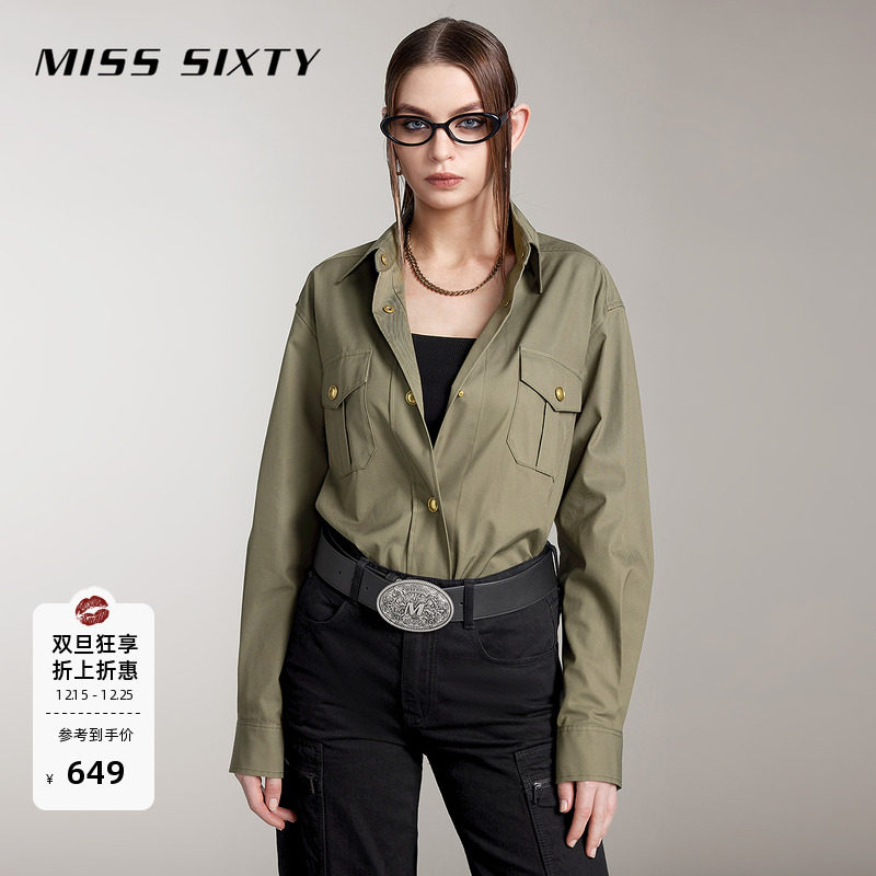 Miss Sixty休闲长袖纯棉衬衫女复古工装风简约纯色上衣中长
