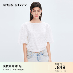 衬衫 Miss 白色短袖 蕾丝网纱上衣 Sixty夏季 女绣花减龄甜美泡泡袖