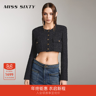 露脐性感辣妹气质上衣 纱外套女圆领截短款 Miss Sixty小香风花式