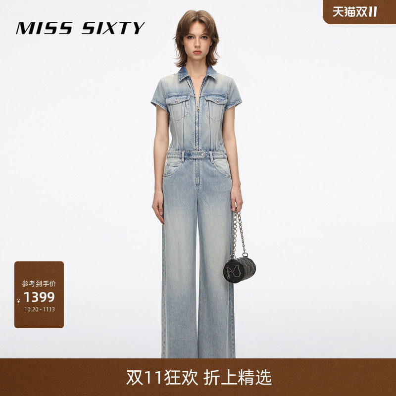 Miss Sixty2026夏季新款牛仔连体裤女拉链门襟复古翻领