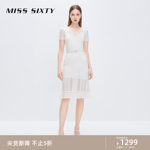 Miss Sixty夏季法式连衣裙高级感女V领两件式镂空钩花气质针织裙