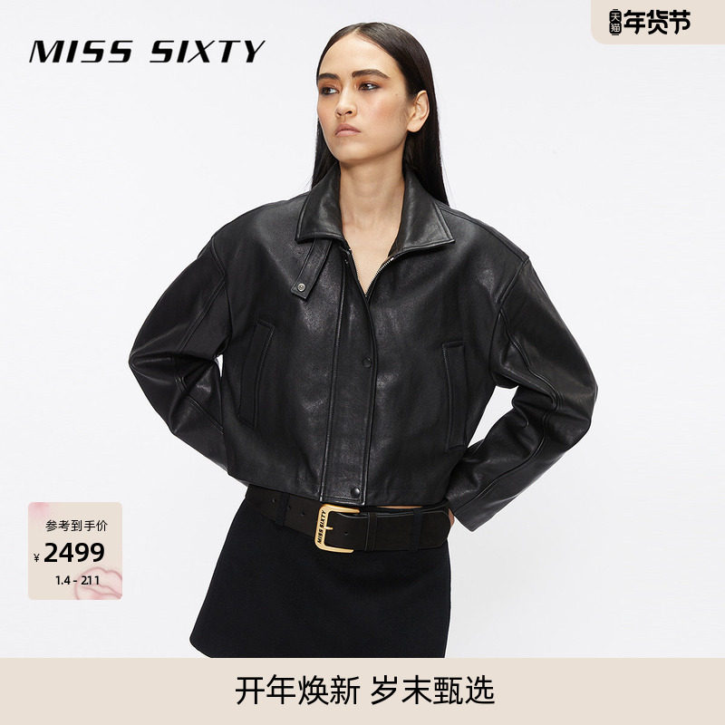 Miss Sixty皮衣真皮外套女羊皮革翻领宽松短款拉链复古机车