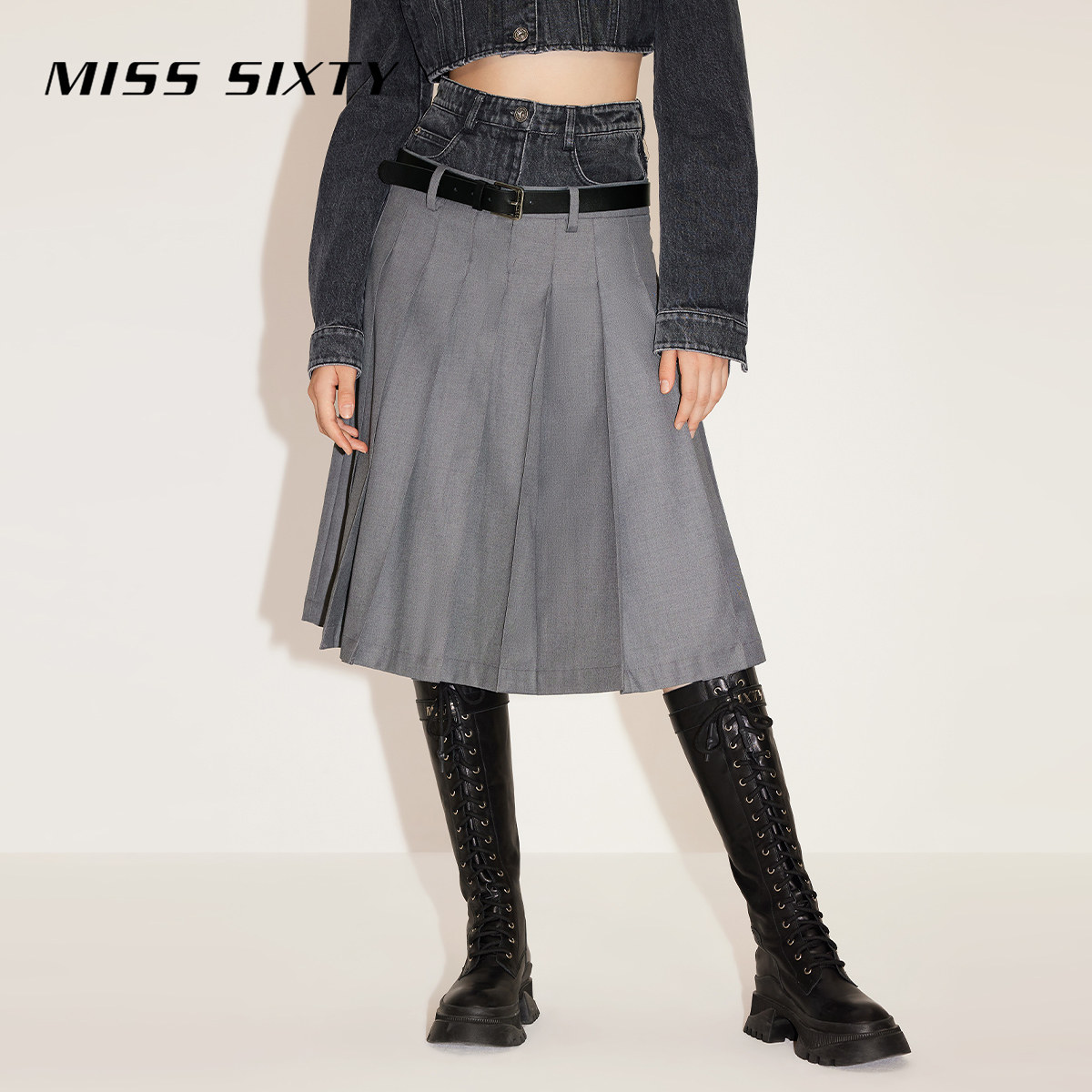 【DBS】【黑金系列】Miss Sixty牛仔半裙女解构拼接百褶