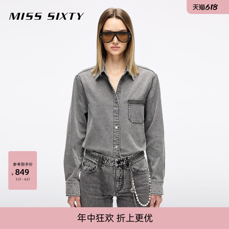 Miss Sixty2026春季牛仔衬衫女翻领宽松长袖钻饰磨旧复古街头