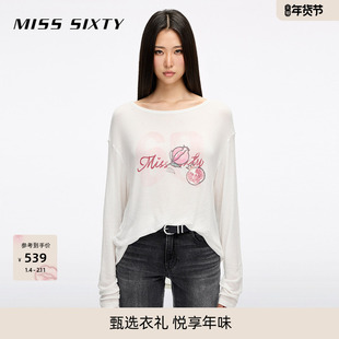 Miss Sixty2026春季新款长袖T恤女天丝羊毛混纺宽松印花松弛上衣