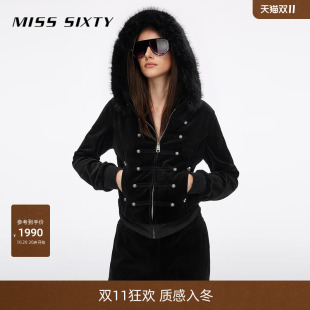 Miss Sixty2026冬季新款卫衣女连帽仿毛领双排扣拉链绒感外套上衣