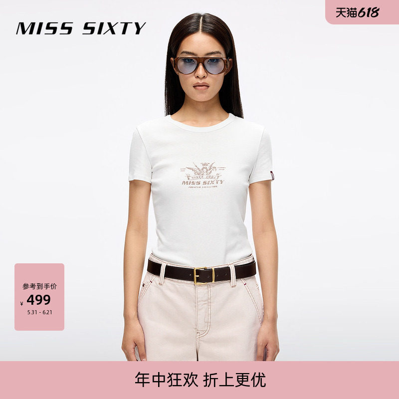 Miss Sixty2026春夏短袖T恤女圆领正肩显瘦修身复古印花上衣