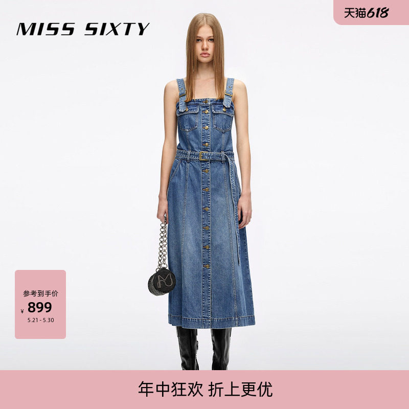 Miss Sixty2026春夏新款牛仔连衣裙女复古洗水修身配腰