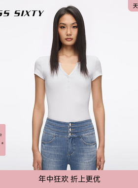 Miss Sixty2026夏季新款T恤女V领纽扣徽标纯色修身短款休闲上衣