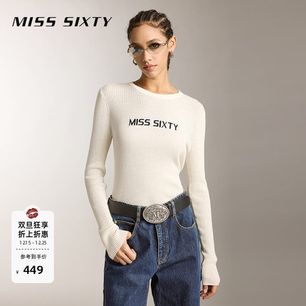 [修身]Miss Sixty含桑蚕丝针织衫女撞色提花罗纹长袖打底毛衣