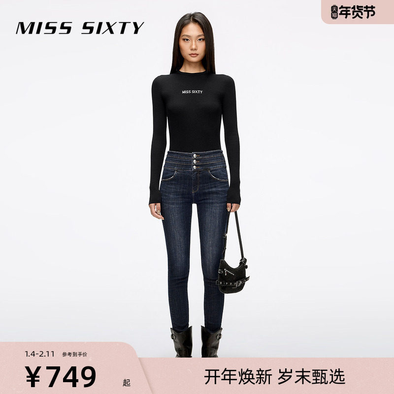 Miss Sixty2025秋季新款牛仔裤女高腰九分紧身裤小脚铅笔裤含羊绒