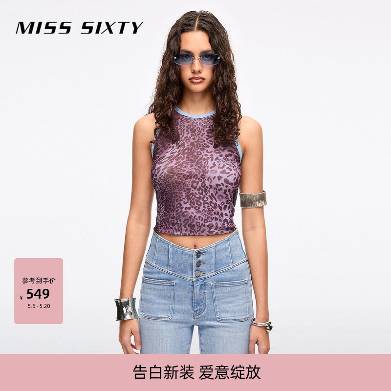 Miss Sixty2026春季新款T恤女圆领无袖紧身撞色豹纹上