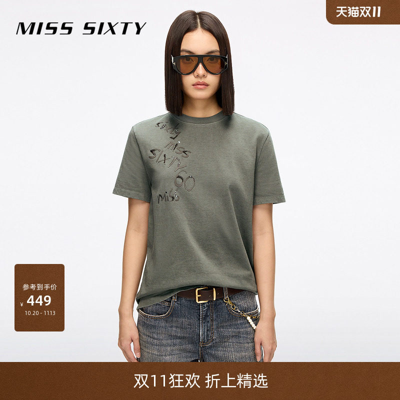 Miss Sixty棉质短袖T恤女圆领烫钻徽标拼贴设计显瘦休闲百