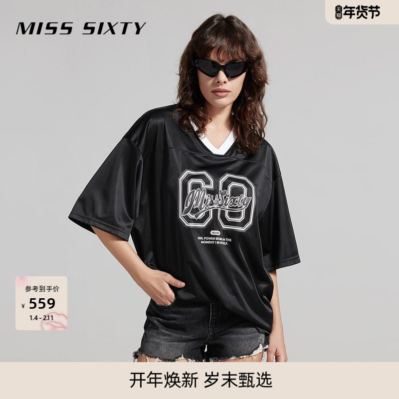 Miss Sixty短袖T恤上衣V领落肩袖字母印花宽松运动风休闲