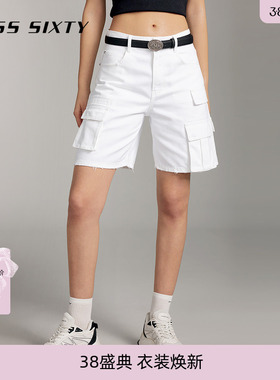 Miss Sixty白色牛仔短裤复古工装风高腰直筒五分裤街头休闲
