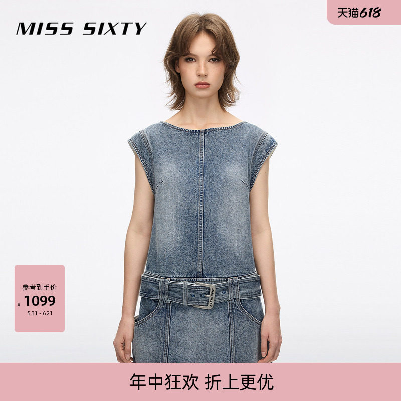 Miss Sixty2026夏季新款牛仔连衣裙女复古水洗盖肩袖附腰带短裙
