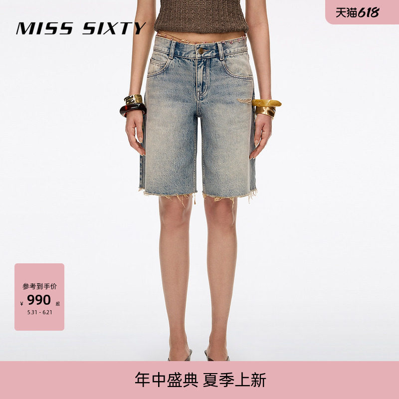【含汉麻】Miss Sixty2026夏季新款牛仔短裤女脏污洗水磨破附腰链