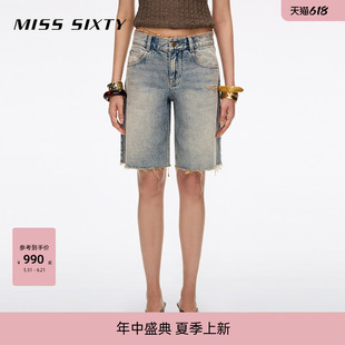 【含汉麻】Miss Sixty2026夏季新款牛仔短裤女脏污洗水磨破附腰链