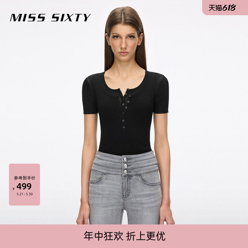 【含桑蚕丝】Miss Sixty26夏新款针织衫女亨利领假两件修