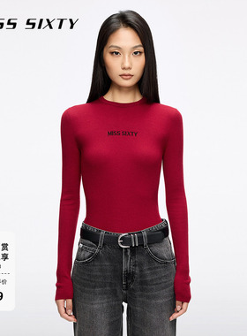 【新年穿搭】Miss Sixty25秋新款针织衫女羊毛桑蚕丝混纺红色毛衣