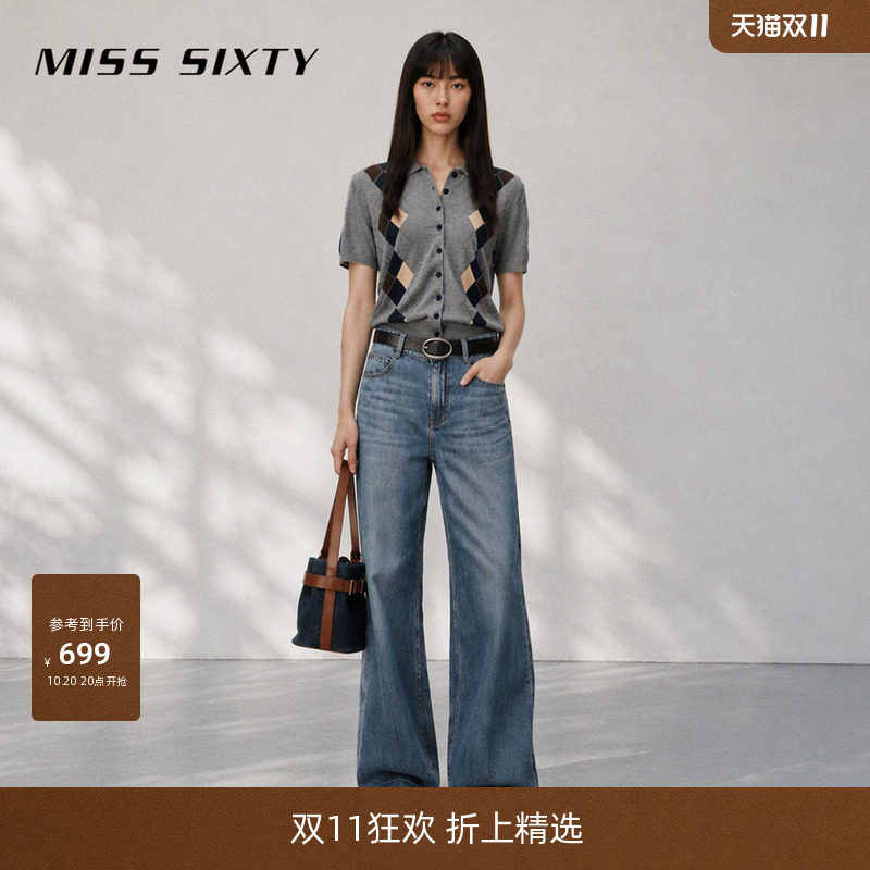 【山羊绒混纺】Miss Sixty2026秋季新款针织开衫女翻领菱格纹上衣