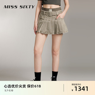 含汉麻牛仔短裙拼接腰头复古显瘦百褶裙 新款 Sixty2024夏季 Miss