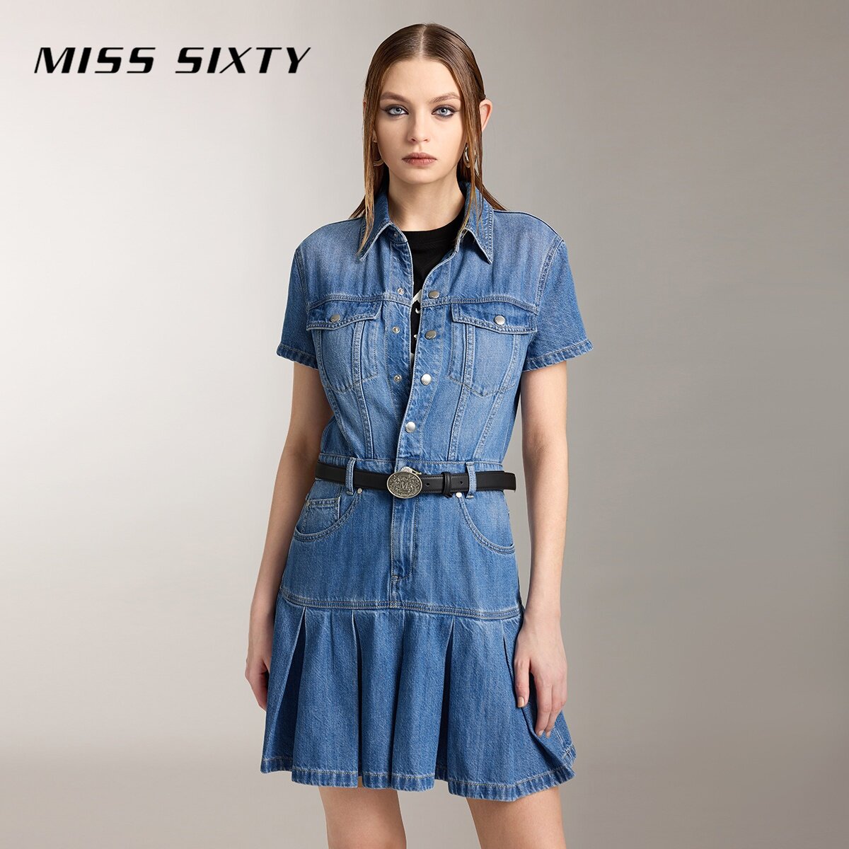 【舒心】Miss Sixty牛仔连衣裙女拼接百褶边单排扣复古风工