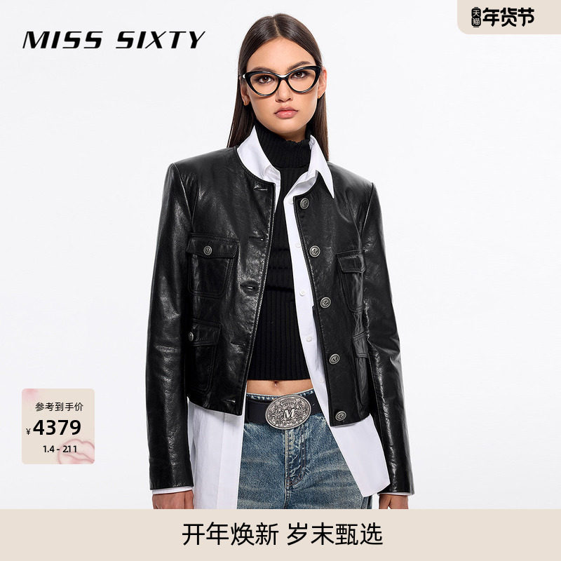 Miss Sixty皮衣真皮外套女复古美式机车圆领单排扣牛皮革高级夹克,女装/女士精品,皮衣,淘宝优惠券,粉丝福利购,淘宝优惠卷