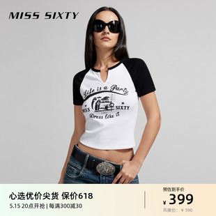 T恤美式 预Miss 新款 拼色印花百搭休闲风 Sixty2024夏季 复古插肩袖