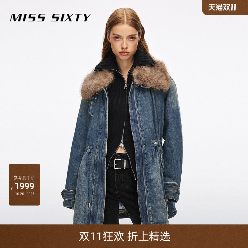 Miss Sixty2026冬季新款牛仔羽绒服女可拆卸仿毛领内胆
