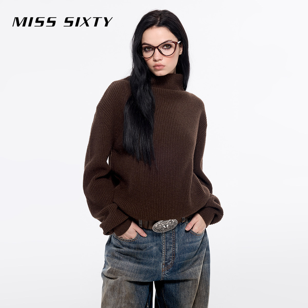 Miss Sixty牦牛绒针织衫女复古气质高领简约纯色休闲毛衣上衣