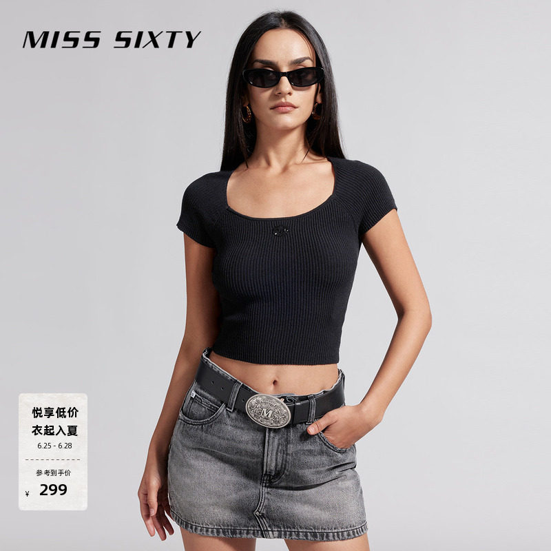 [修身]【含桑蚕丝】Miss Sixty春夏针织衫方领短露脐显瘦