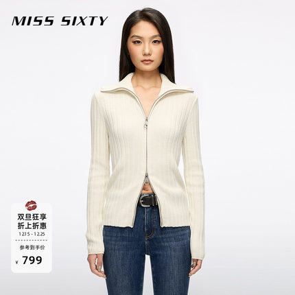 Miss Sixty2025冬季新款针织外套女翻领双向拉链羊毛混纺麻花毛衣