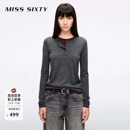Miss Sixty25春秋羊毛桑蚕丝混纺针织衫女假两件上衣亨利衫毛衣