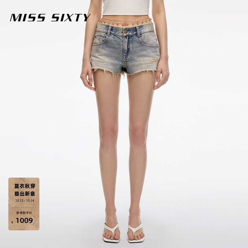 Miss Sixty26夏季新款牛仔短裤女附粉松石腰链复古磨毛须边破洞