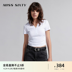 Miss Sixty2024夏季新款T恤女V领拉链褶皱收腰简约显瘦辣妹风百搭