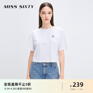 Miss 上衣 四叶草刺绣印花简约短款 SixtyT恤女圆领套头宽松短袖