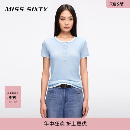 【莱赛尔】Miss Sixty26春夏新款短袖T恤女修身假两件亨利领上衣