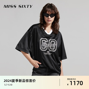 短袖 Miss 新款 字母印花复古运动风 Sixty2024夏季 T恤女V领落肩袖