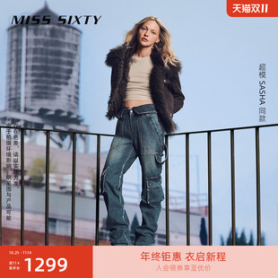 女双腰头侧拉链复古美式 风牛仔裤 百搭街头 Sixty中蓝色工装 Miss