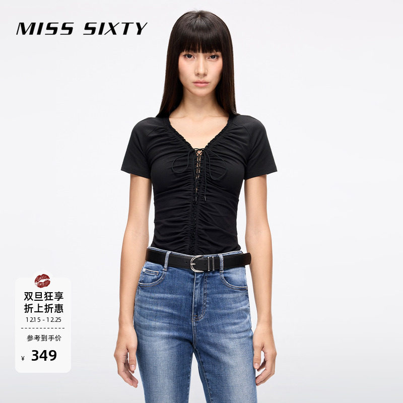 [修身]Miss Sixty2025夏款短袖T恤系带镂空花边短款