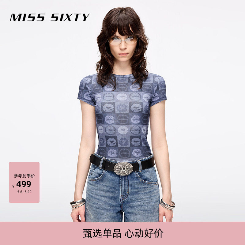 Miss Sixty2026夏季T恤女圆领短袖满幅唇印小众修身薄