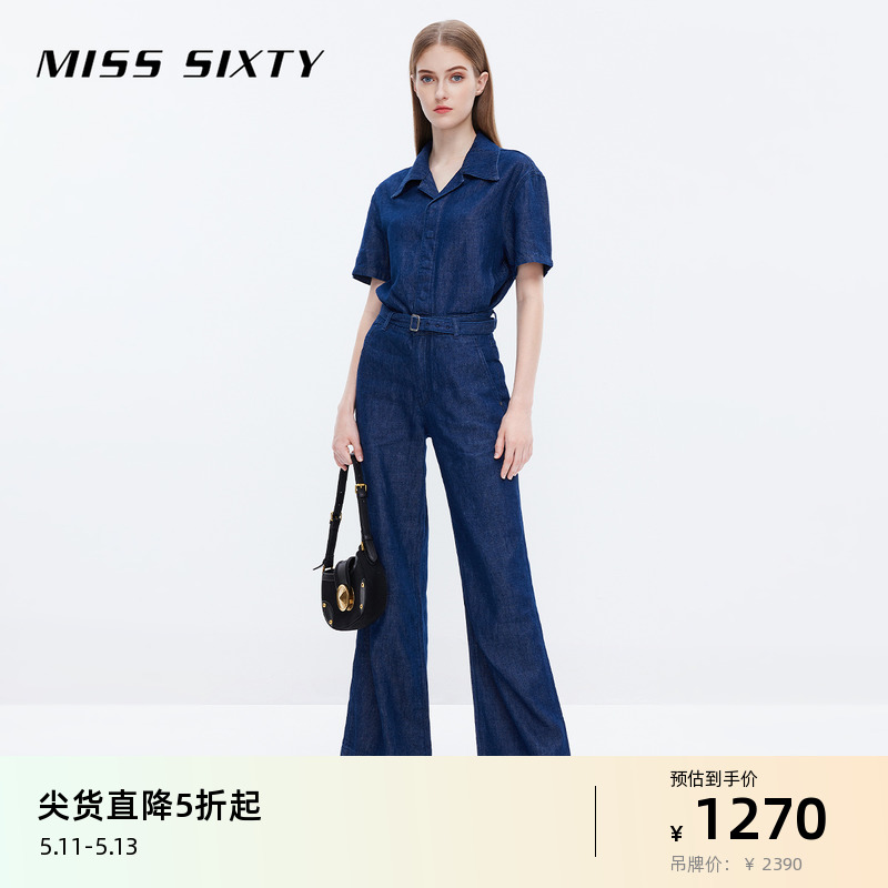 Miss Sixty含棉麻牛仔连体裤女配腰带显瘦直筒裤深蓝色复古工装