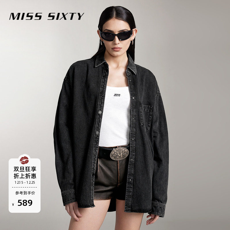 Miss Sixty牛仔衬衫女复古水洗印花宽松显瘦百搭工装长款黑